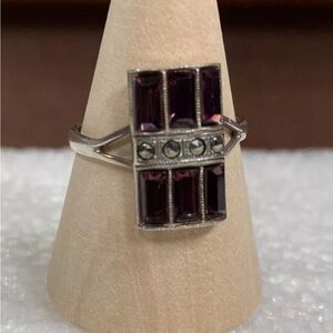 Vintage Art Deco Amethyst baguette & marcasite sterling silver ring sz 8